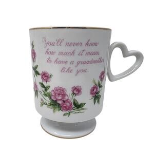 Vintage Lefton China Grandmother Mug Heart Handle Pink Roses Pedestal Cup